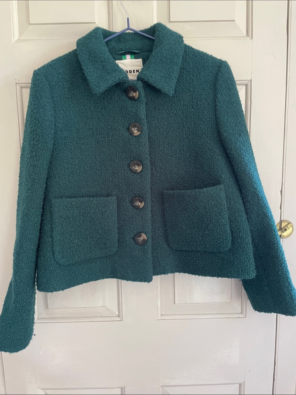 Boden Festive Green Bouclé Button-Front Teddy Jacket
